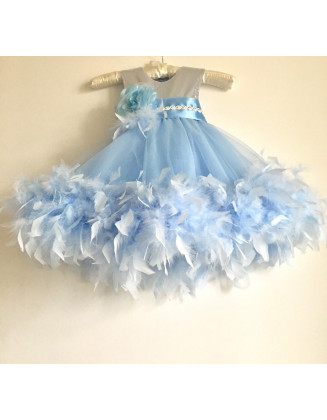 Baby Blue Silver Pageant dress/ Feathers girl dress/ First Birthday Dress/ Princess dress/ Flower girl dress/ Fluffy tulle dress