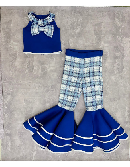 Royal blue and white tweed checkered pageant suit with top and bell bottom ruffles pants/ Pageant casual wear/ Custom pageant outfit