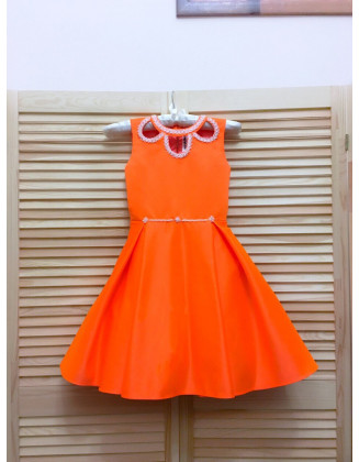 Neon orange pageant interview cocktail dress with beaded neckline/ Knee length dress/ Girl Interview outfit/ Custom pageant dresses