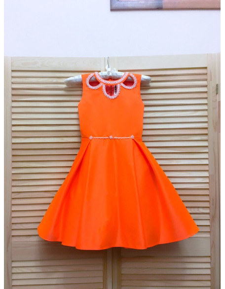 Neon orange pageant interview cocktail dress with beaded neckline/ Knee length dress/ Girl Interview outfit/ Custom pageant dresses