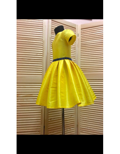 Hot yellow pageant taffeta interview dress with sleeves/ Royal blue rhinestones belt/ Girl Interview outfit/ Custom pageant dress