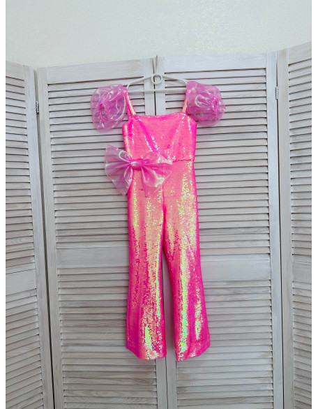 Pink sequins jumpsuit with organza armlets sleeves and bow/ Girls pageant wear/ Fun fashion/ Custom pageant outfit