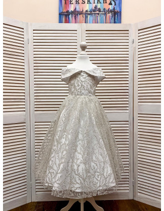 White silver off shoulders glitter lace girl dress/ Sparkly girl dress/ Floor length dress/ Prom Pageant Wedding Birthday gown/ Custom dress