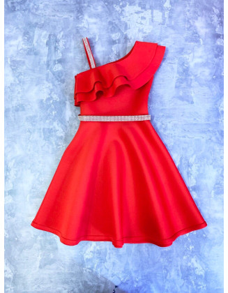 Red girl neoprene scuba dress with ruffles and belt/ Cocktail dress/ Girls casual wear/ Ruffles dress/ Custom pageant outfit