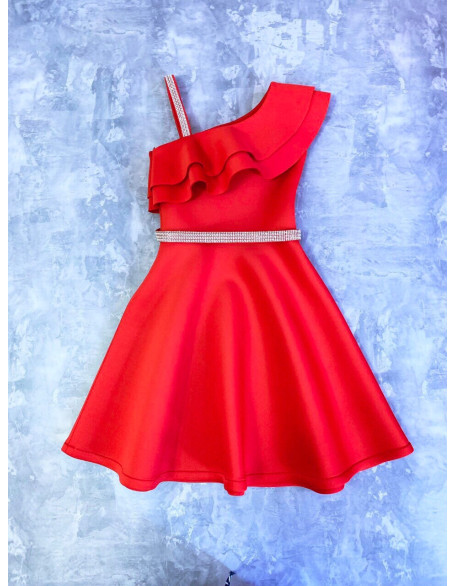 Red girl neoprene scuba dress with ruffles and belt/ Cocktail dress/ Girls casual wear/ Ruffles dress/ Custom pageant outfit