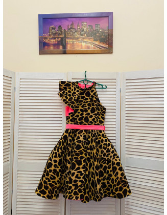 Leopard pattern Neon pink pageant cocktail dress with ruffle/ Pageant outfit/ Leopard Teens cocktail dress/  Custom pageant dresses