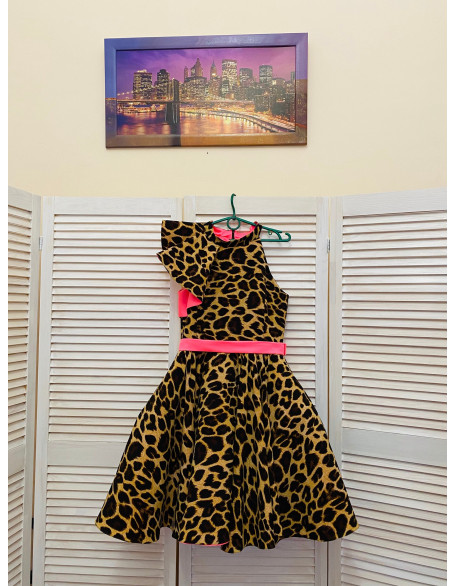 Leopard pattern Neon pink pageant cocktail dress with ruffle/ Pageant outfit/ Leopard Teens cocktail dress/  Custom pageant dresses