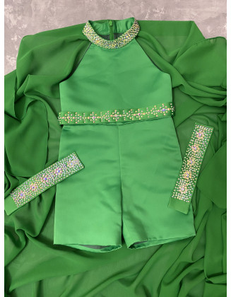 Grass green pageant fun fashion outfit with chiffon cape and romper/ Girls teens pageant outfit/ Runway outfit/ Custom pageant dresses