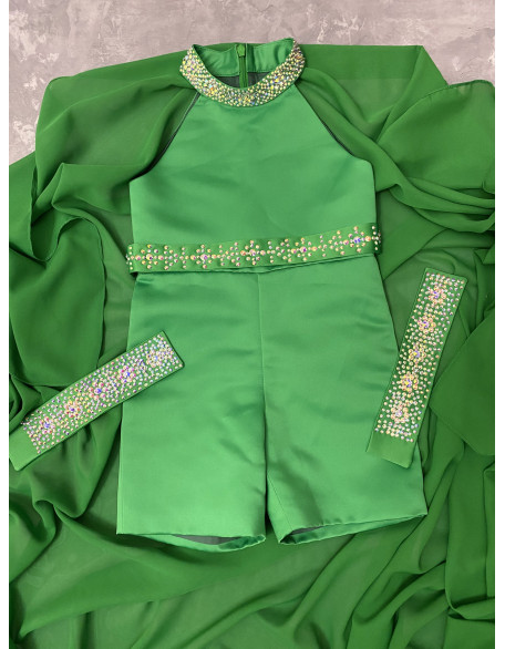 Grass green pageant fun fashion outfit with chiffon cape and romper/ Girls teens pageant outfit/ Runway outfit/ Custom pageant dresses