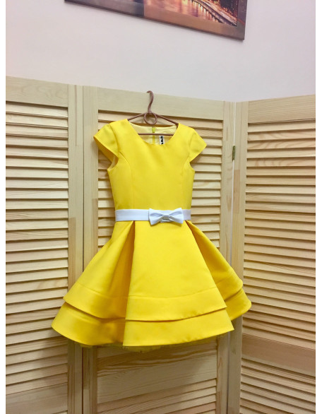 Hot yellow pageant interview cocktail dress with cup sleeves/ White bow belt / Girl Interview outfit/ Pageant wear/ Custom pageant dresses