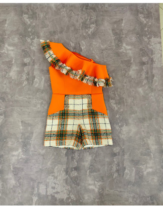 Orange and green checkered tweed girls pageant romper with ruffle/ Girls casual outfit/ Pageant casual wear/ Custom pageant outfit