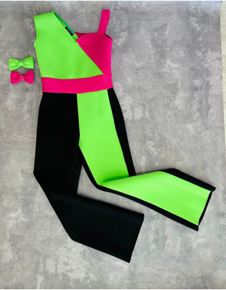 Hot pink black and lime green girl neoprene color block jumpsuit/ Scuba casual outfit/ Girls casual wear/ Custom pageant outfit