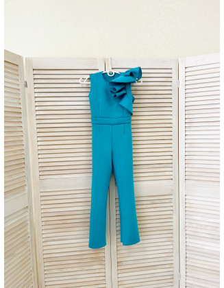 Teal turquoise girl neoprene jumpsuit with ruffle/ Casual romper/ Girls casual wear/ Ruffles romper/ Custom outfit