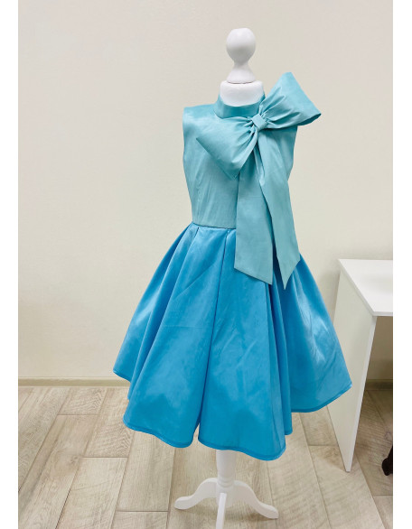 Blue turquoise pageant interview taffeta dress with bow/ Knee length dress/ Teens Interview outfit /Custom pageant dress