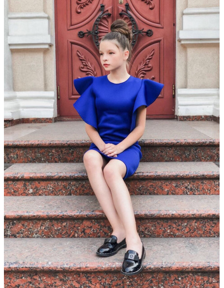 Royal blue girl neoprene scuba dress with ruffle sleeves/ Interview dress/ Girls casual wear/ Ruffles dress/ Custom pageant outfit