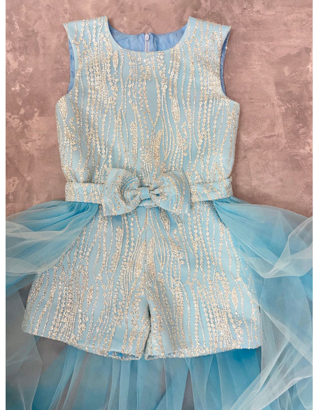 Blue silver glitter pageant fun fashion outfit with train and romper/ Girls teens pageant outfit/ Runway jumpsuit/  Custom pageant dresses