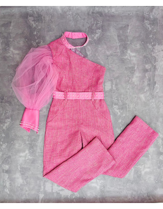 Pink  tweed girls pageant jumpsuit with one sleeve and beads/ Girls interview outfit/ Pageant casual wear/ Custom pageant outfit