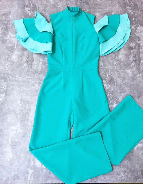 Mint and turquoise pageant jumpsuit/ Cold Shoulders jumpsuit/ Ruffles Turquoise romper/ Girls Interview outfit/ Pageant casual wear