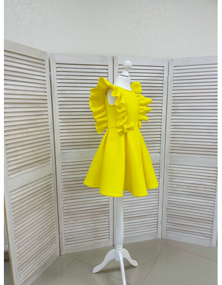 Yellow girl neoprene scuba dress with ruffles and bows/ Interview girls dress/ Custom pageant outfit