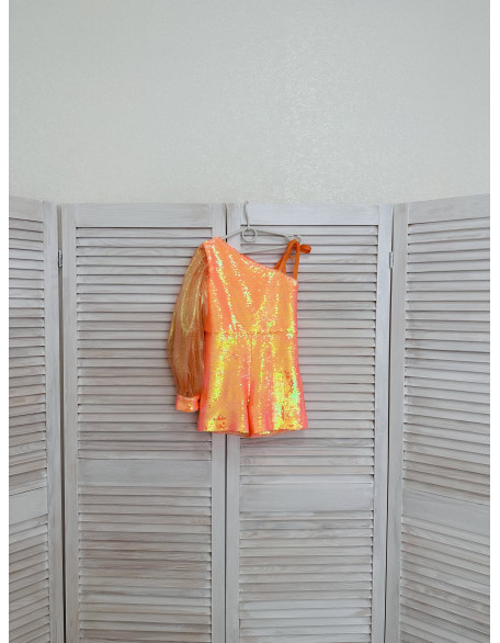 Orange sequins pageant one sleeve girls romper/ Girls pageant runway romper/ Custom pageant outfit