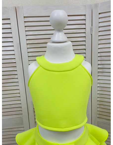 Neon lime yellow neoprene/ scuba girls suit with top and shorts with ruffles/ Girls casual outfit/ Toddler suit/ Custom pageant suit