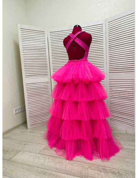 Hot pink pageant fun fashion outfit with stoned dress and tulle overskirt/ Girls teens pageant outfit/ Runway outfit/ Custom pageant dresses