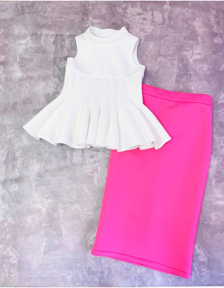 White hot pink neoprene/ scuba girls suit with top and skirt/ Girls casual outfit/ Interview outfit/ Custom pageant suit