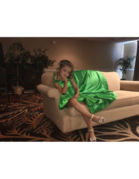 Grass green pageant high low dress with long train /Fun fashion pageant outfit/ Runway dress/ Green satin dress with train / Custom dresses