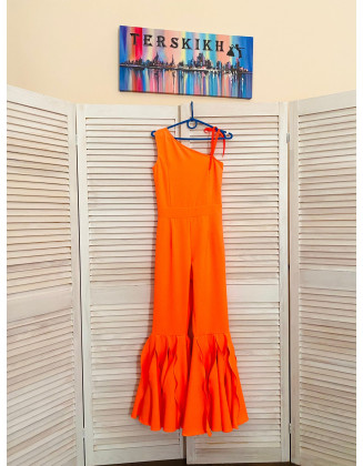 Bright neon orange girls jumpsuit with bell bottoms/ Casual romper/ Girls casual wear/ Ruffles romper/ Custom outfit