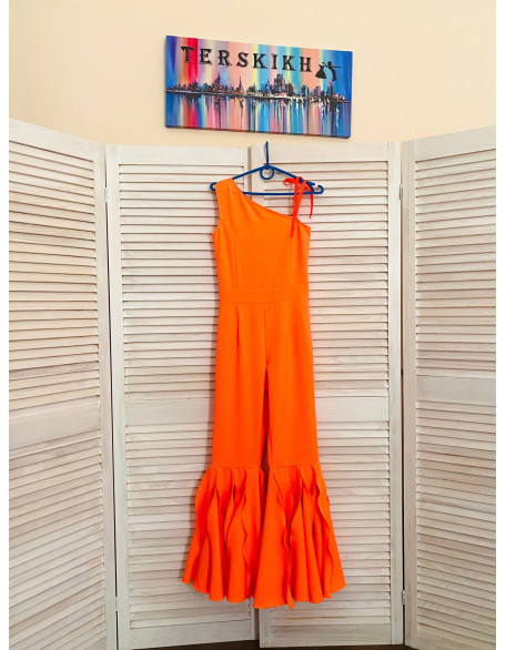 Bright neon orange girls jumpsuit with bell bottoms/ Casual romper/ Girls casual wear/ Ruffles romper/ Custom outfit