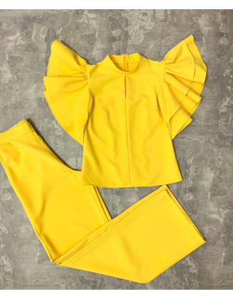 Hot yellow pageant interview pants suit with sleeves/ Top and pants set/ Girls Interview outfit/ Pageant wear/ Custom pageant outfit