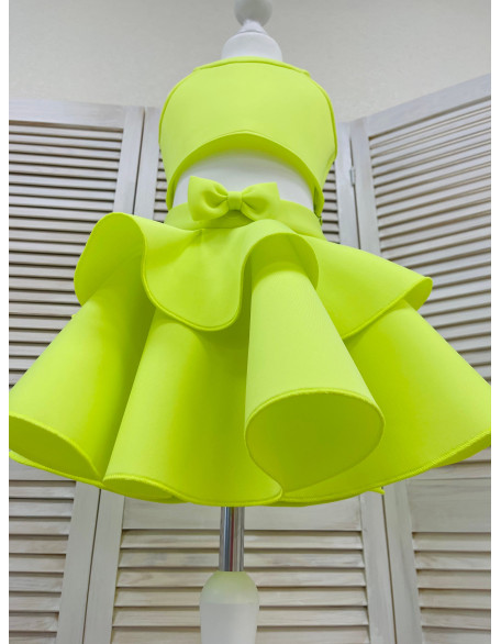 Neon lime yellow neoprene/ scuba girls suit with top and shorts with ruffles/ Girls casual outfit/ Toddler suit/ Custom pageant suit