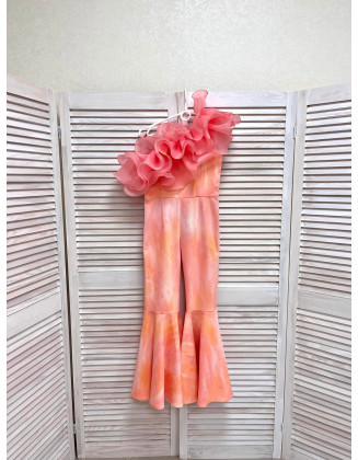 Hot coral tie-dye denim jumpsuit with organza ruffles/ Girls casual outfit/ Pageant casual wear/Tie dye outfit/ Custom pageant outfit