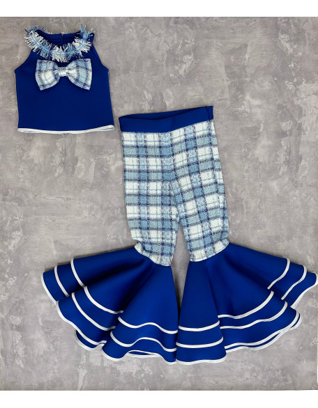 Royal blue and white tweed checkered pageant suit with top and bell bottom ruffles pants/ Pageant casual wear/ Custom pageant outfit