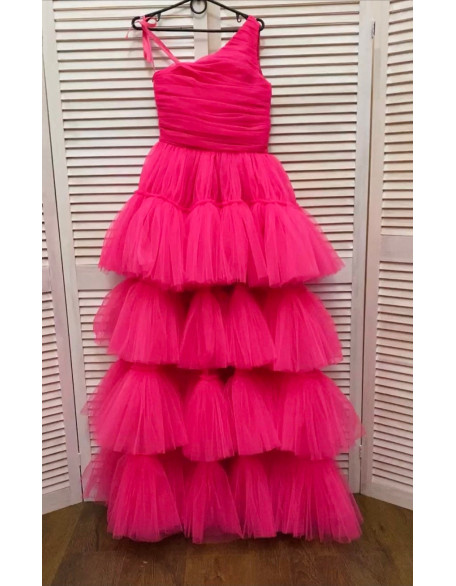 Hot pink tulle high low one shoulder girls dress/ Fun fashion dress/ Runway dress/ Custom pageant dresses