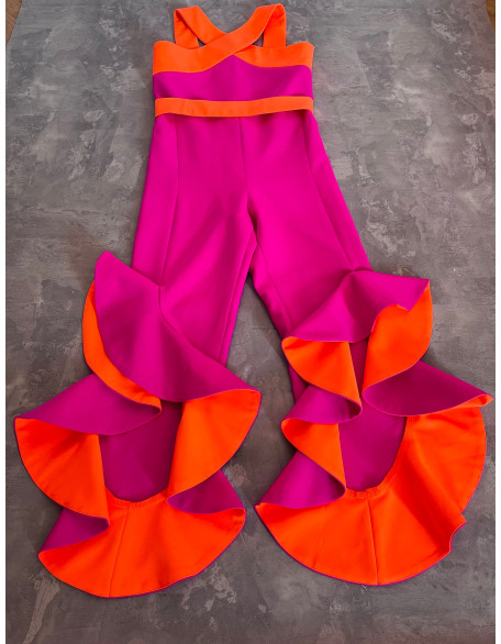 Hot pink girls jumpsuit with neon orange ruffles bottoms/ Casual romper/ Girls casual wear/ Ruffles romper/ Custom outfit