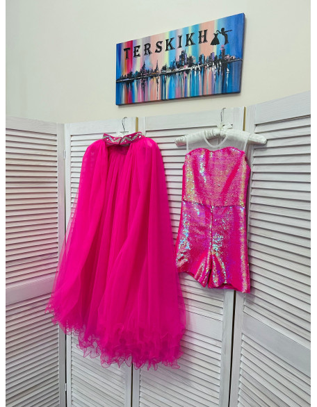 Hot pink sequins pageant fun fashion outfit with train and romper/ Girls teens outfit/ Runway romper with overskirt/  Custom pageant dresses