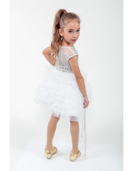 White Silver Pageant cocktail dress/ Tulle ruffles glitter lace girl dress/ First Birthday Dress/ Flower girl dress/ Wedding dress