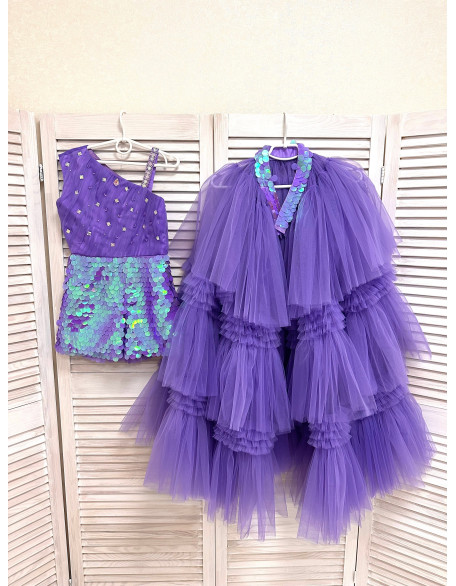 Lavender lilac pageant fun fashion outfit with sequins romper and tulle overskirt/ Girls pageant Runway outfit/ Custom pageant outfit