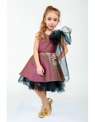 Gold pink girl pageant cocktail dress with black bow/ Pageant outfit/ Teens tulle cocktail dress/  Custom pageant dresses