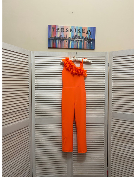 Bright neon orange girls jumpsuit with ruffle/ Casual romper/ Girls casual wear/ Ruffles romper/ Custom outfit