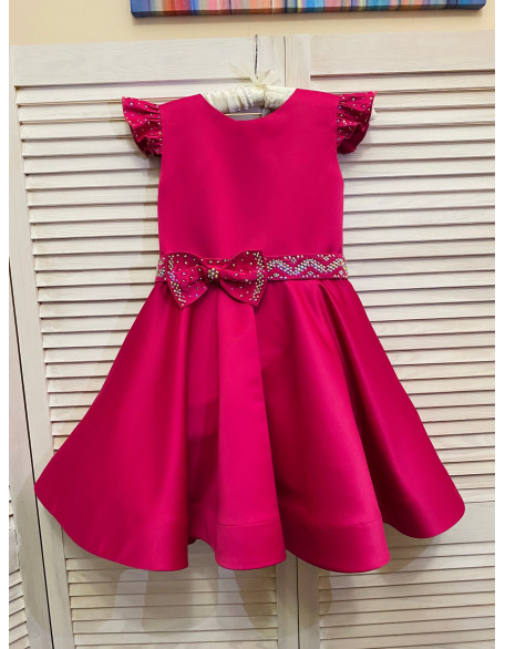 Hot pink pageant cocktail dress with bow belt and AB rhinestones/ Pageant outfit/ Teens cocktail dress/  Custom pageant dresses