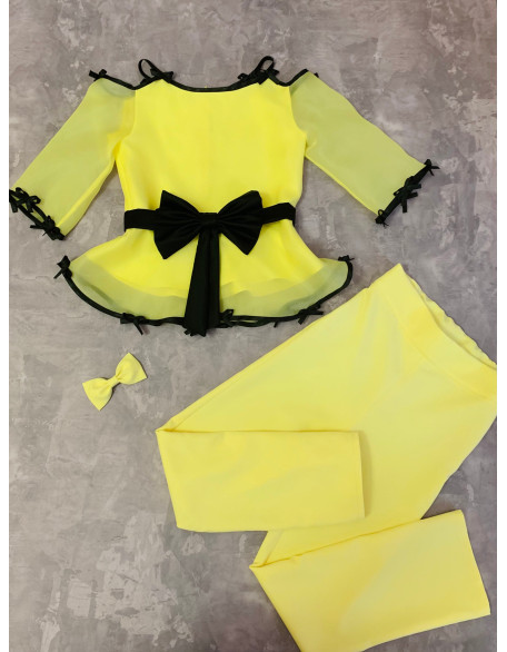 Yellow girls suit with blouse and pants and black trim/ Interview outfit/ Girls casual wear/ Pageant dress/ Casual outfit/ Custom suit