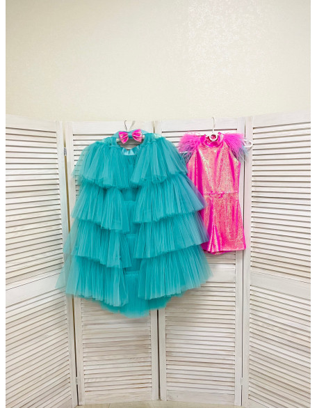 Hot pink and mint fun fashion outfit with sequins romper and tulle train/ Girls teens pageant outfit/ Runway outfit/ Custom pageant dresses