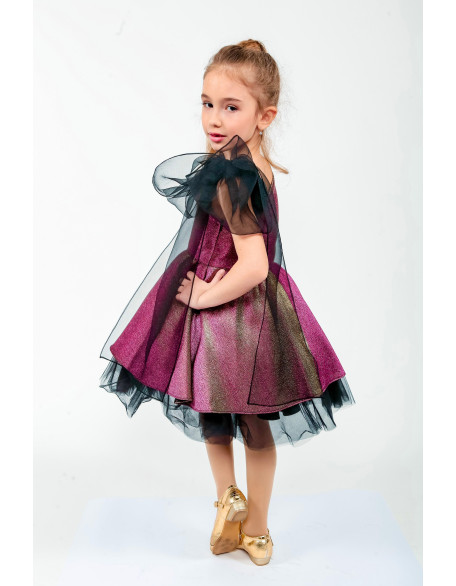 Gold pink girl pageant cocktail dress with black bow/ Pageant outfit/ Teens tulle cocktail dress/  Custom pageant dresses