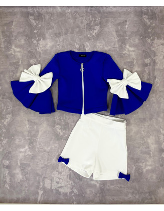 Royal blue and white girls suit with jacket bell sleeves and shorts/ Casual pageant outfit/ Girls casual wear/Scuba suit/ Custom outfit