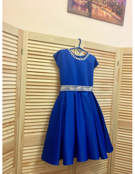 Royal Blue pageant interview cocktail dress with rhinestones belt/ Girls knee length dress/ Interview outfit/ Custom pageant dresses