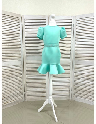 Mint turquoise neoprene scuba dress with ruffle and sleeves/ Interview dress/ Girls beaded dress/ Pageant dress/ Custom pageant outfit