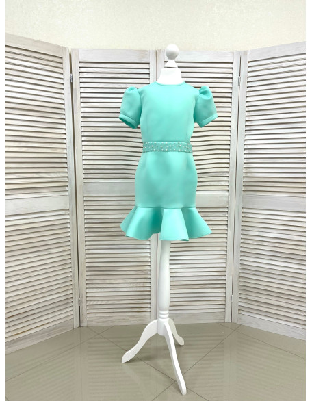 Mint turquoise neoprene scuba dress with ruffle and sleeves/ Interview dress/ Girls beaded dress/ Pageant dress/ Custom pageant outfit