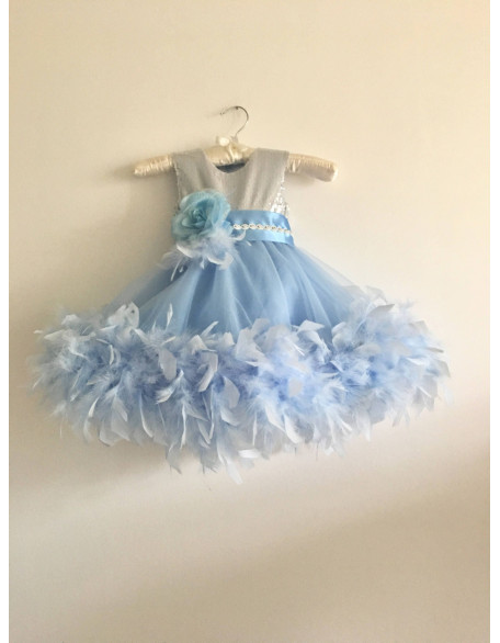 Baby Blue Silver Pageant dress/ Feathers girl dress/ First Birthday Dress/ Princess dress/ Flower girl dress/ Fluffy tulle dress